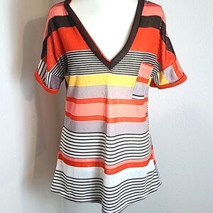 Show Lai Orange,Brown, White, Yellow Striped T-Shirt, Short Sleeves, Size XL